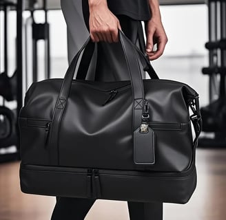 a man in a suit case holding a black bag