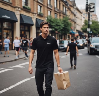 a man walking down the street with a parcel box