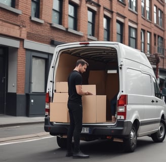 a man standing in front of a van with boxes