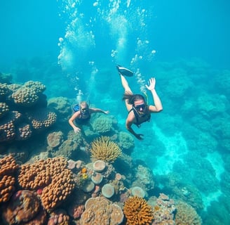 Dive into the Maldives' underwater world, teeming with colorful coral reefs and diverse marine life,