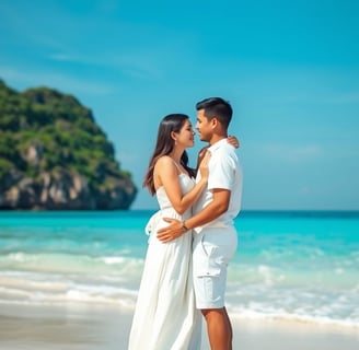 A young couple dressed in white cotton attire shares an intimate moment on the pristine beaches of P