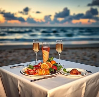 A beautifully set table for two on the beach, adorned with luxurious food and glasses of champagne, 