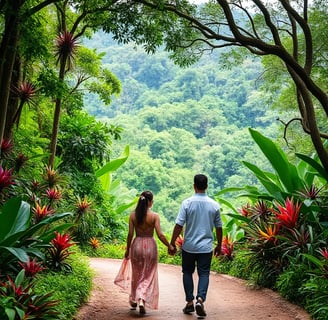 A couple strolls hand-in-hand through the vibrant landscapes of Nong Nooch Tropical Garden, surround