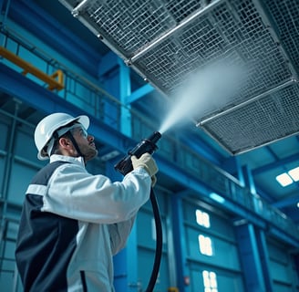 Industrial technician using a dry ice blasting machine to clean a ventilation system