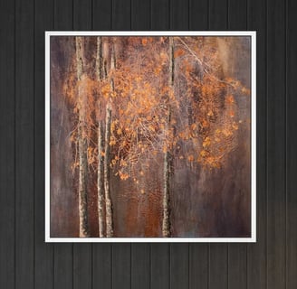 Mixed media artwork by Samantha Lee Osner – abstract autumn trees in ink and paint. Osner Gallery, Cape Town.