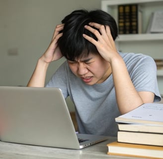 Pessoa olhando para a tela do computador com expressão confusa, simbolizando dificuldade de concentração."