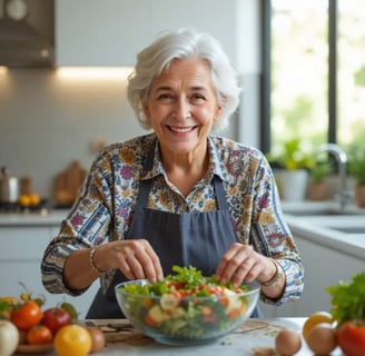 "Idoso preparando refeição saudável com alimentos neuroprotetores"