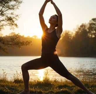Pessoa praticando alongamento ao ar livre durante o nascer do sol, em um ambiente calmo e natural.