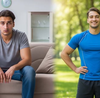 à esquerda uma pessoa cansada e sedentária, à direita a mesma pessoa ativa e com aparência saudável após rotin