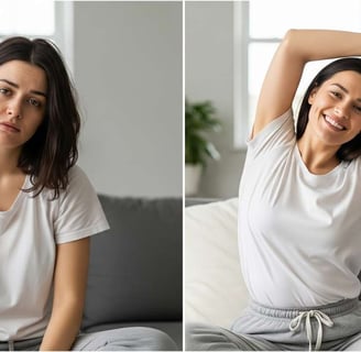 Duas cenas lado a lado: uma pessoa com aparência cansada antes do alongamento e a mesma pessoa depoi