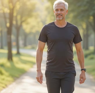Pessoa de meia-idade caminhando em parque pela manhã, simbolizando exercício leve para saúde do fígado.