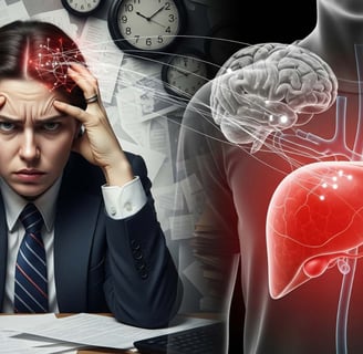 "Infográfico mostrando sintomas compartilhados entre gordura no fígado e ansiedade"