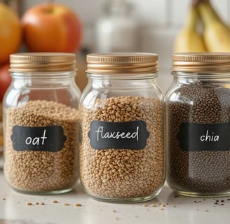 Potes de vidro com linhaça e chia rotulados, sobre bancada de cozinha com frutas ao fundo.