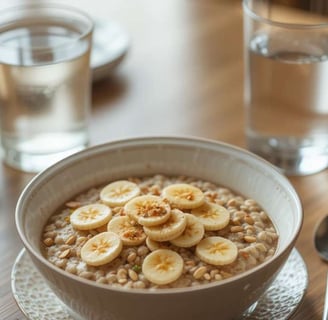 Tigela de mingau de aveia com banana fatiada e sementes por cima, em uma mesa de café da manhã aconchegante.