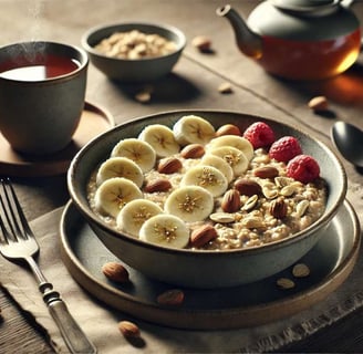 Café da manhã saudável com aveia, frutas e chá