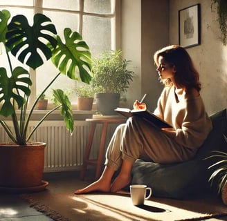 Mulher escrevendo no diário com chá, em ambiente calmo pela manhã