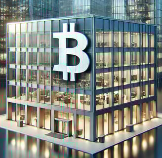 Glazen kantoorgebouw met groot Bitcoin-logo, omringd door moderne stedelijke architectuur