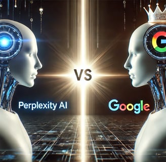AI-figuren, Perplexity links, Google rechts met kroon, symboliseert concurrentie.