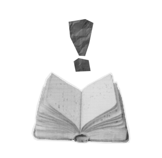 Livro aberto em recorte P&B com Exclamação - Exordium Media - Marketing - Agência