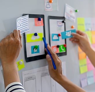 A whiteboard with people managing website content and social media for local and national businesses
