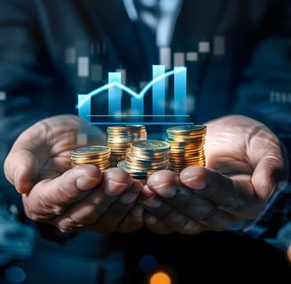 a man holding a stack of coins and a stack of coins