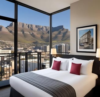 a bedroom with a view of a mountain view