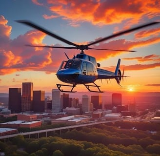 a helicopter flying over a city at sunset