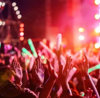 a crowd of people standing in front of a stage with bright lights