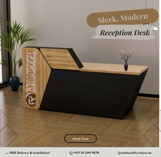 a desk with a wooden desk top and a vase with flowers