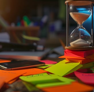 a sand clock sitting on top of a pile of post it notes reflecting AI implementation strategy