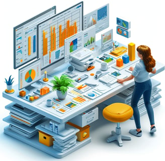 a woman working on a computer desk evaluating digital twins performance charts