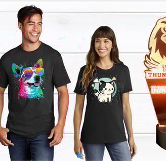 a man and woman wearing t - shirts and jeans