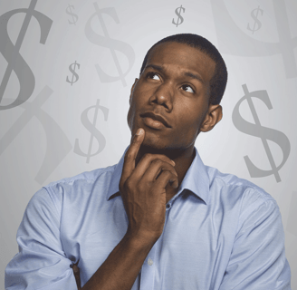 a man with a finger on his chin, looking up at a dollar sign