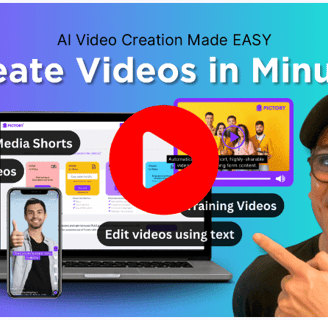 a man with glasses and a laptop computer screen with the words create videos in minutes