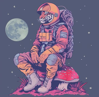 a tiger in a space suit sitting on a mushroom stool