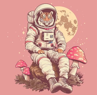 a tiger in a space suit sitting on a rock