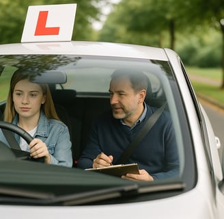 Learner driver during a lesson with driving instructor in Chingford on a quiet UK street