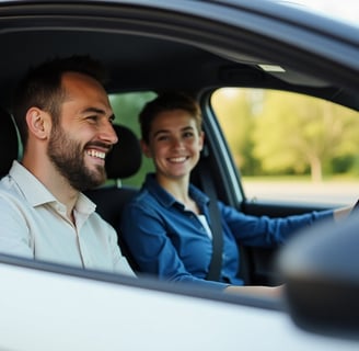 Supportive driving instructor in Loughton giving calm guidance to a young learner during lesson
