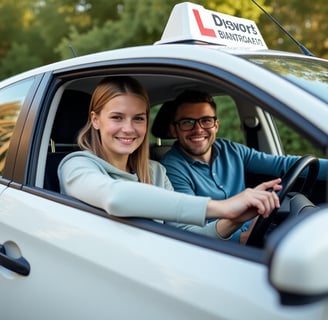 First-time learner receiving driving instruction in Wanstead with L-plate car on quiet UK street