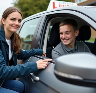 Driving instructor guiding nervous learner after a minor mistake during a lesson in Chingford