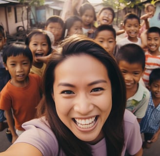 A Western tourist taking a selfie stick photo with the local kids of the Philippines.