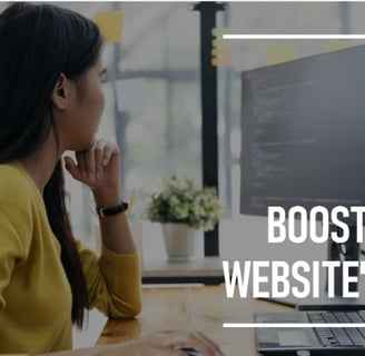 a woman sitting at a desk with a computer researching about website's seo