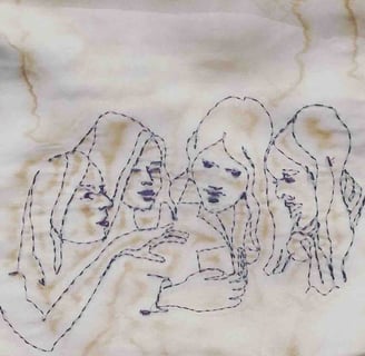 Coffee Drinkers, hand stitched on silk