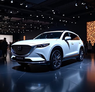 a white mazda suv parked in a showroom