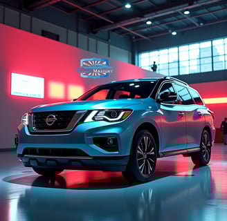 a blue nissan suv parked in a garage