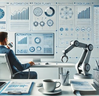 a man sitting at a desk with a robot automation automatisation