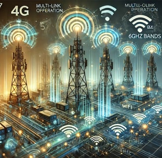 A futuristic illustration showcasing the evolution of carrier offload technologies. Highlight cellul