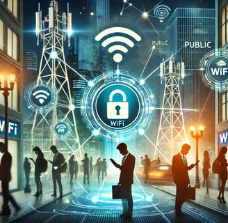 An illustration of a bustling urban setting with people using smartphones and laptops connected to p