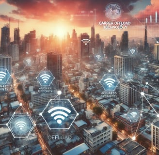 An urban cityscape with Wi-Fi signal icons seamlessly connecting various locations, showcasing moder