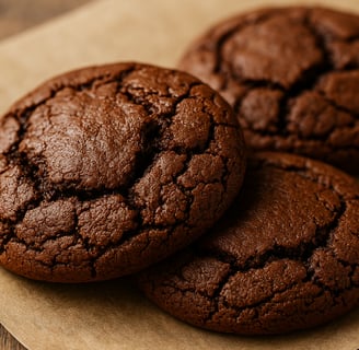three chocolate brownie cookies on a piece of paper